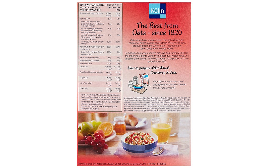 Kolln Muesli Cranberry & Oats    Box  375 grams